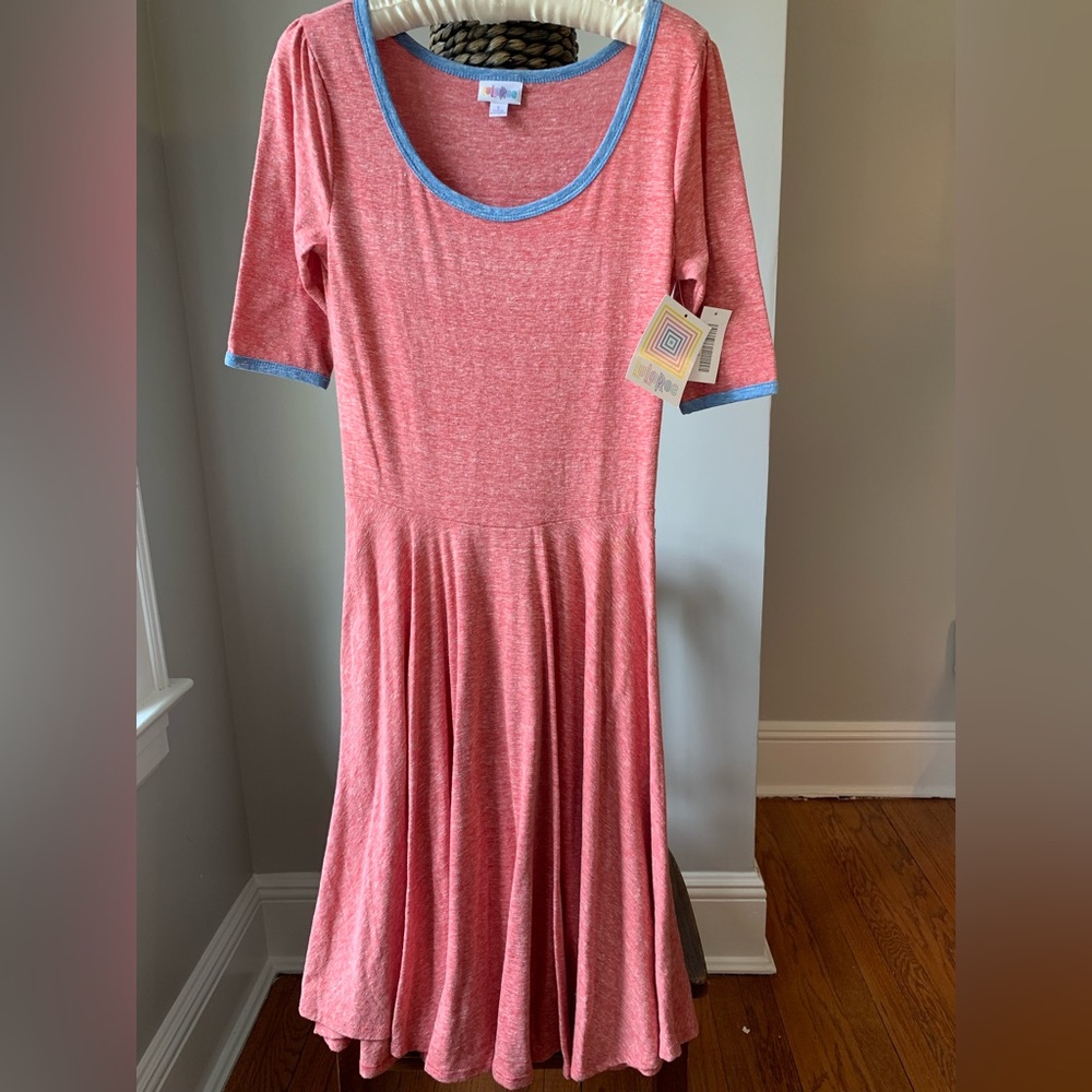 LuLaRoe red dress with blue trim. Size small.
